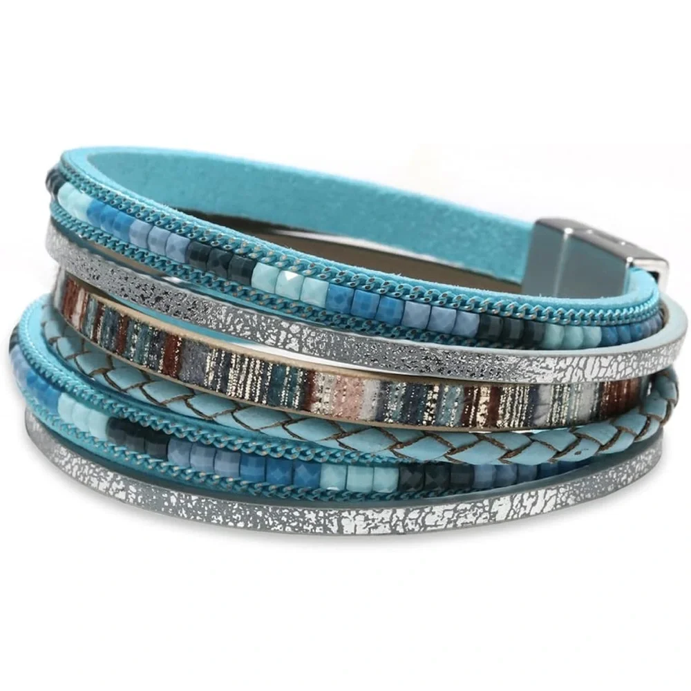 Boho Multi-Layer Leather Wrap Bracelet | Magnetic Clasp Stone